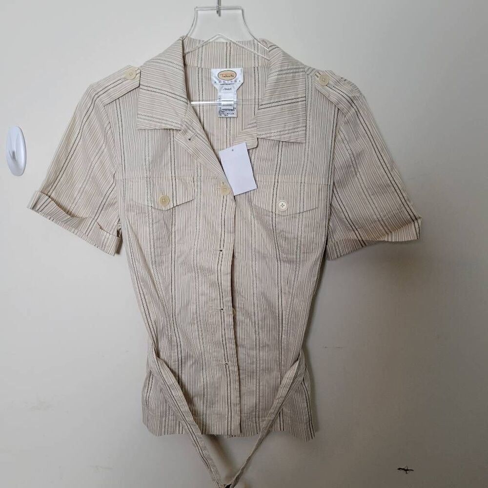 Talbots Stretch Short Sleeve Beige, Gold & Pale Brown Safari Style Belted Top La